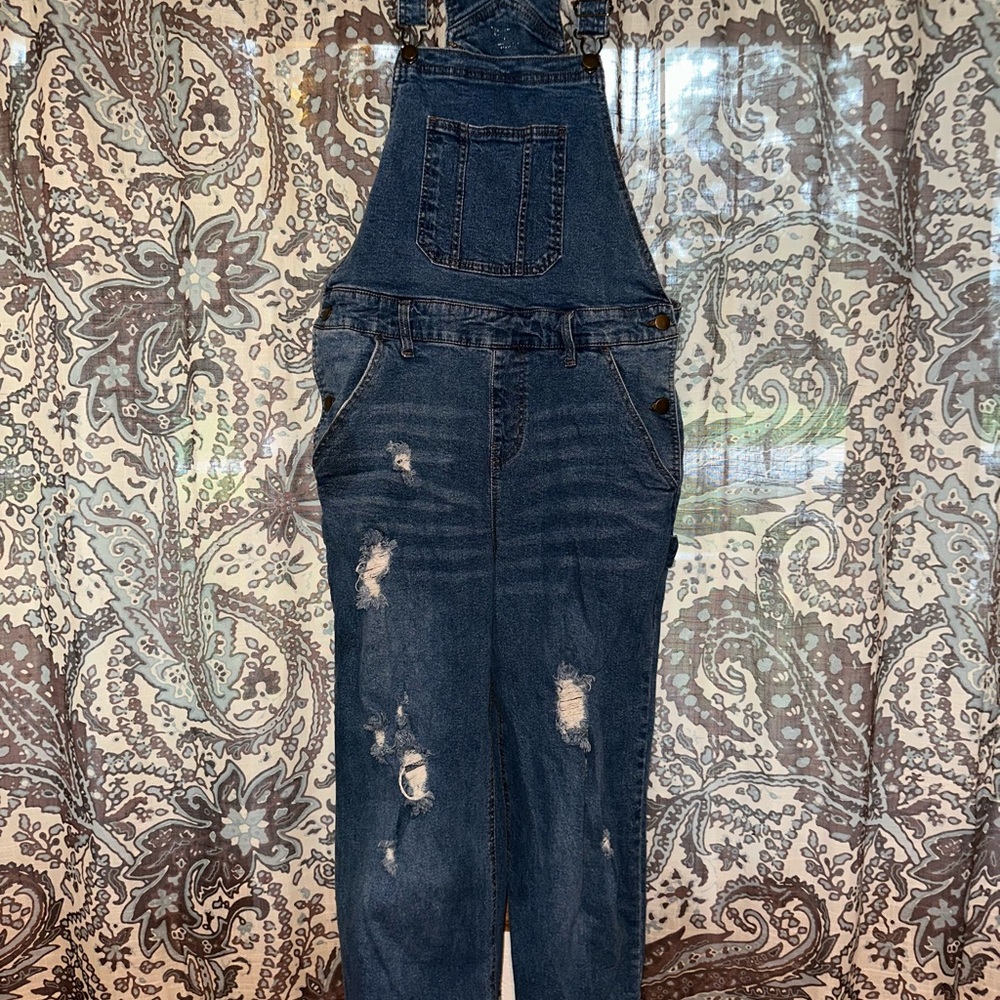 Denim Overalls with Distressed Details